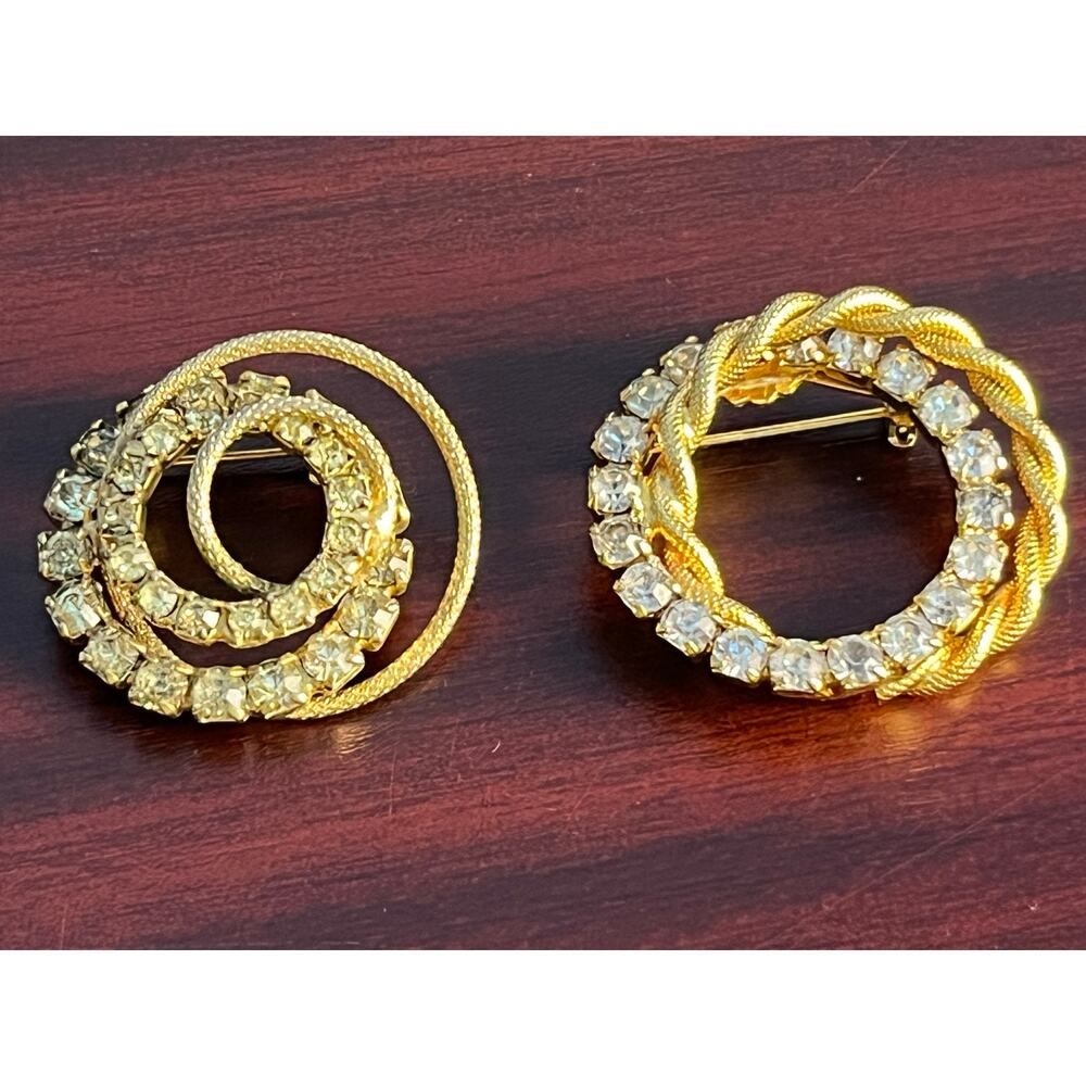 VTG Rhinestone Brooch Lot of 2 Gold Tone Concentric Circles Coquette Glam Bling